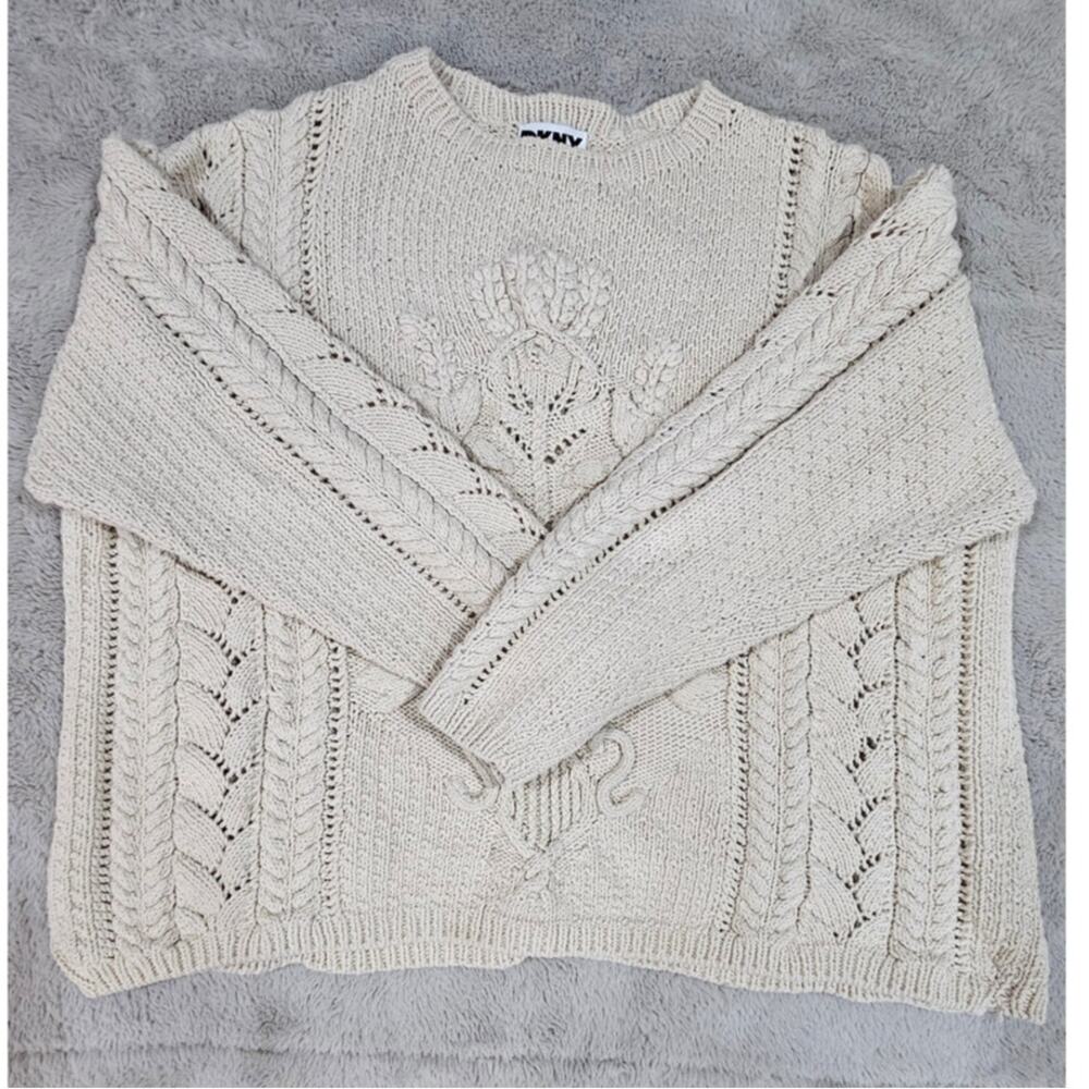 DKNY Cable Knit Sweater, Vintage 1990's Y2K  Handknit, 100% Cotton, Womens Sz M - Picture 6 of 10